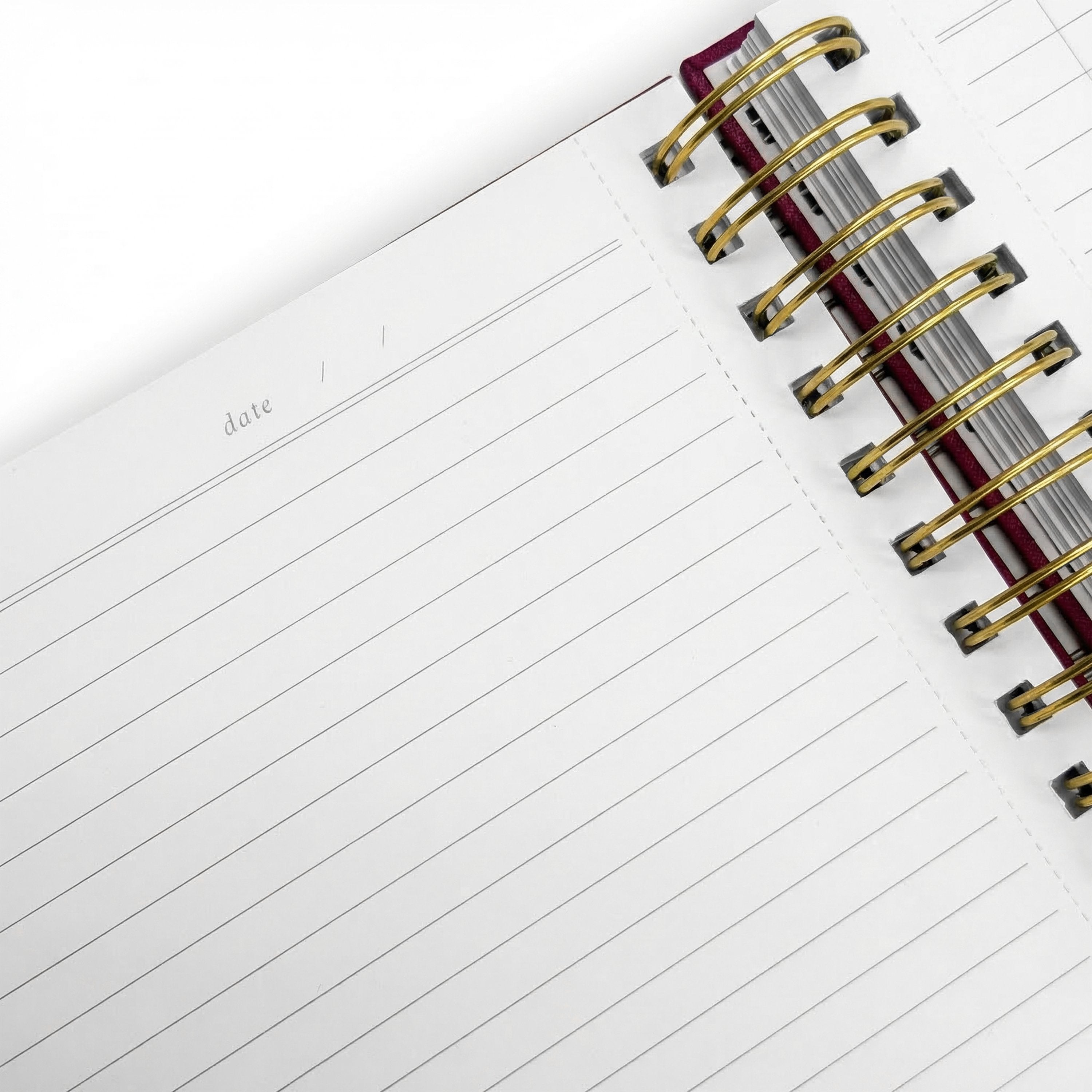 Open notebook with lined pages and a gold spiral binding on a white background