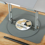 Gray metal stand with a custom logo at the base