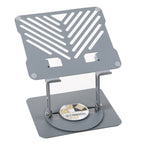 Gray metal stand with a custom logo at the base
