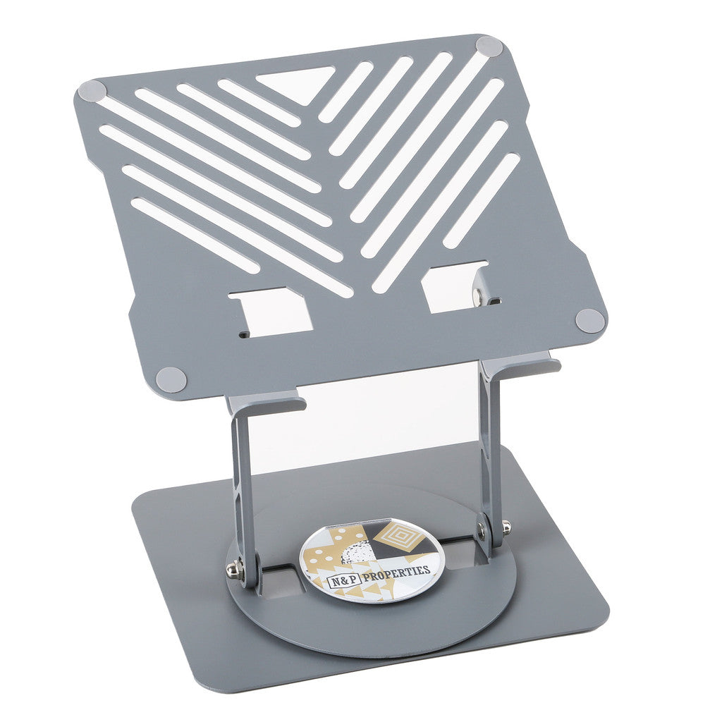 Gray metal stand with a custom logo at the base