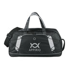 Black duffel bag with a logo on a white background