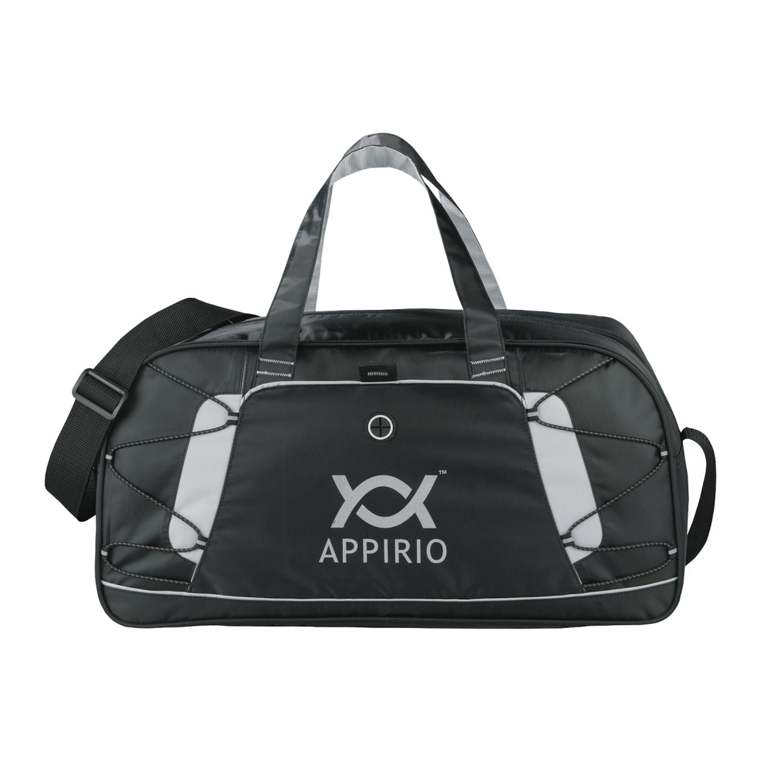 Black duffel bag with a logo on a white background