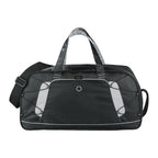 Black duffel bag with gray accents on a white background