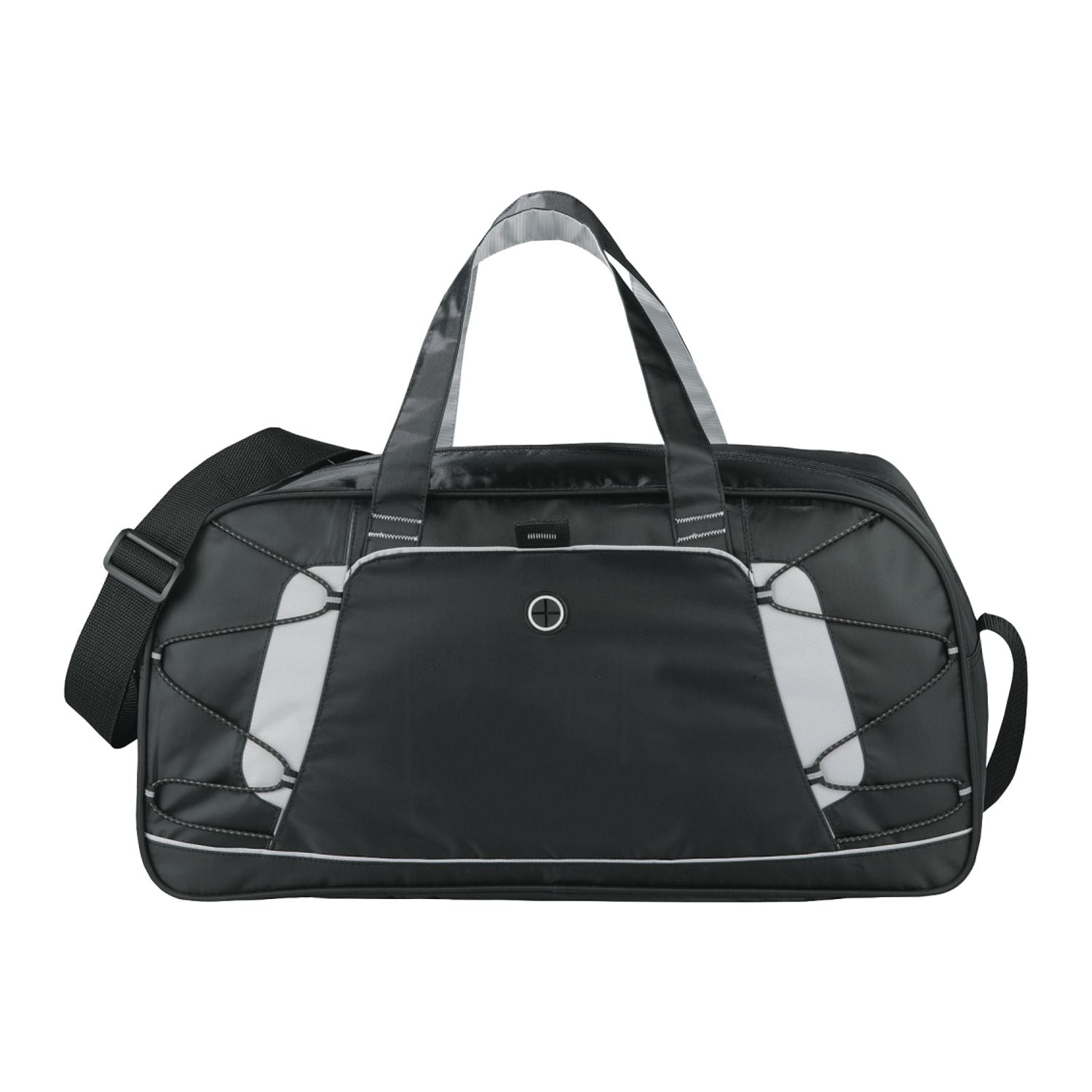 Black duffel bag with gray accents on a white background