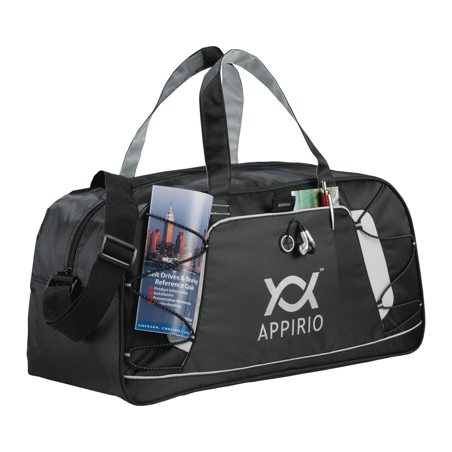 Black duffel bag with a logo on a white background