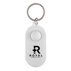 White keychain with a logo and text on a white background