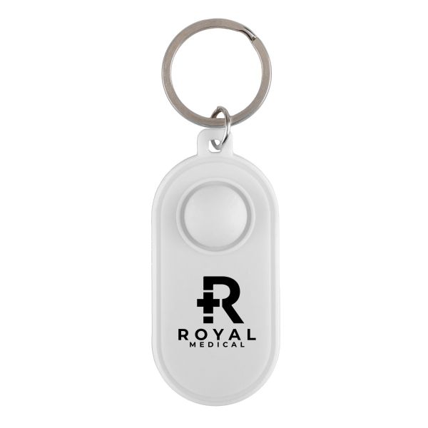 White keychain with a logo and text on a white background