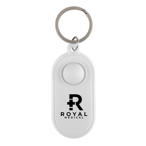 White keychain with a logo and text on a white background
