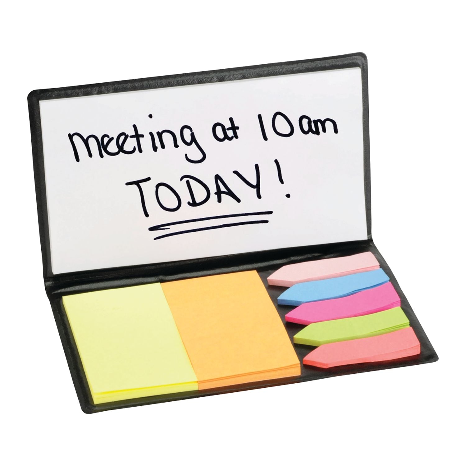Slimline Sticky Memo Pad and a whiteboard section displaying 'meeting at 10 am TODAY!'.