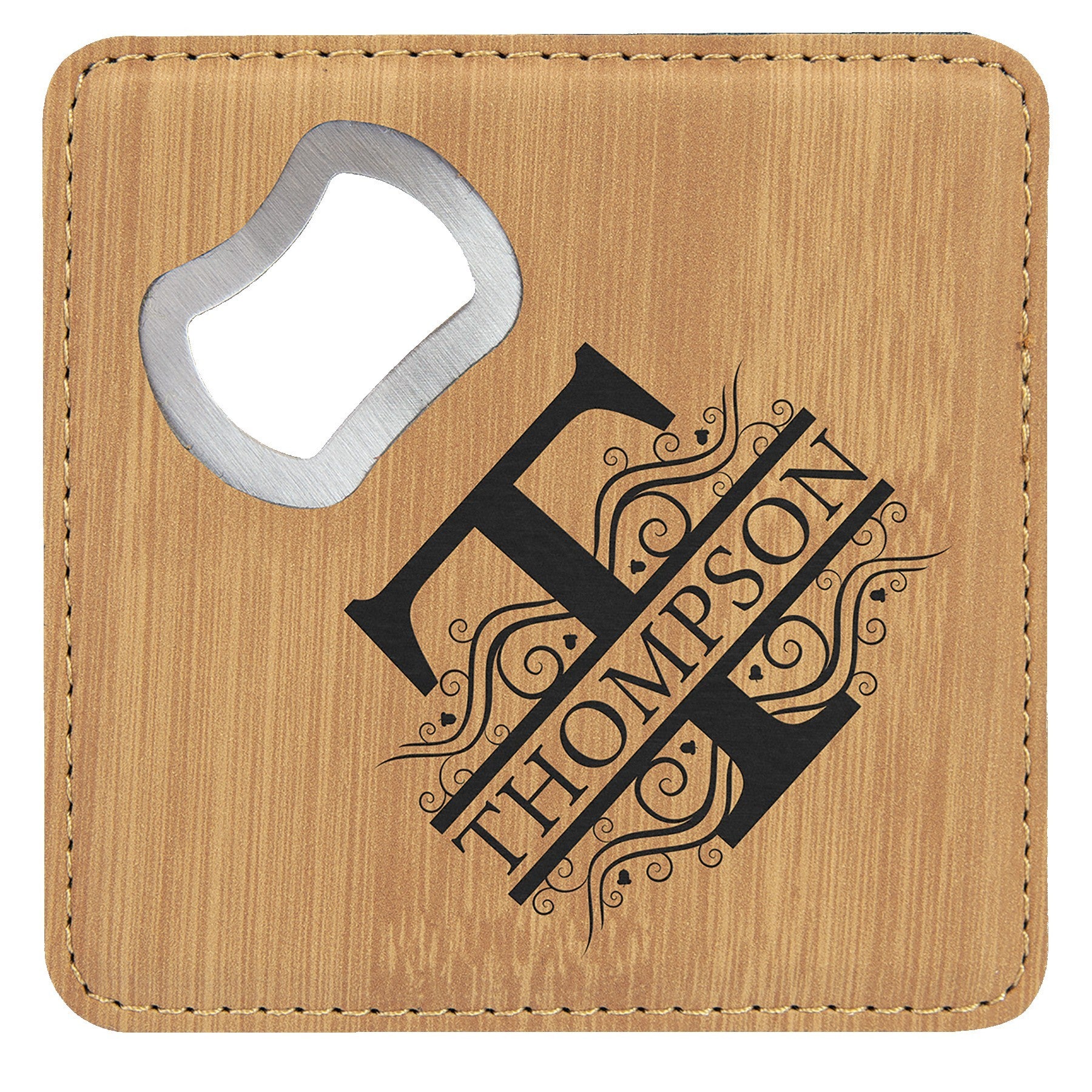 4" x 4" Square Bamboo Leatherette Coaster w/ Bottle Opener