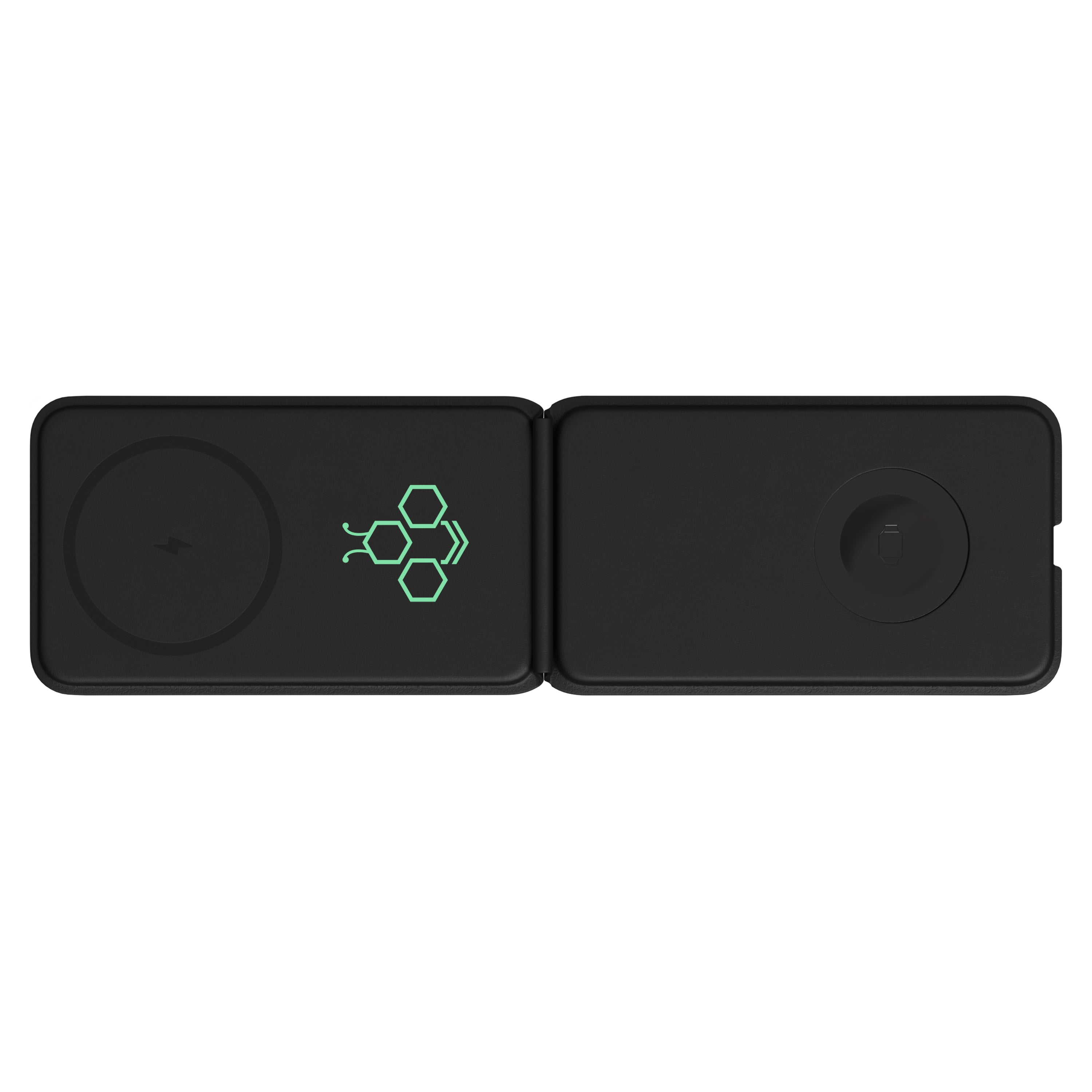 Black Grid 3-in-1 Magnetic Charging Stand shown opened with a custom logo