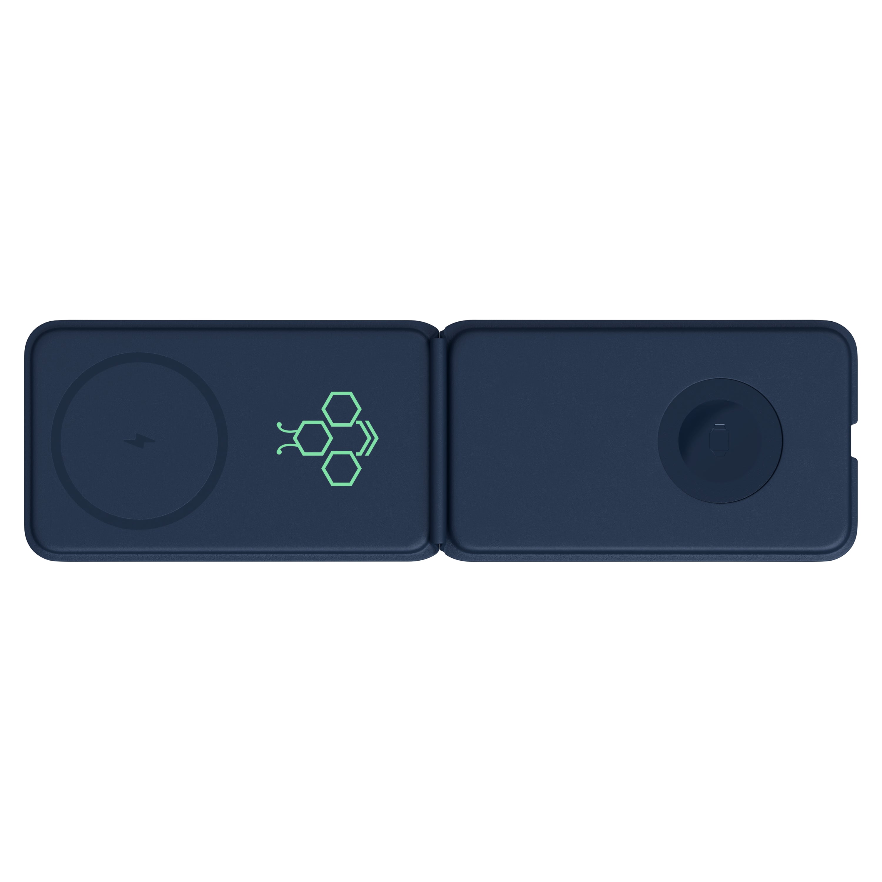 Navy Grid 3-in-1 Magnetic Charging Stand shown opened with a custom logo