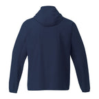 Navy blue jacket with a hood on a white background