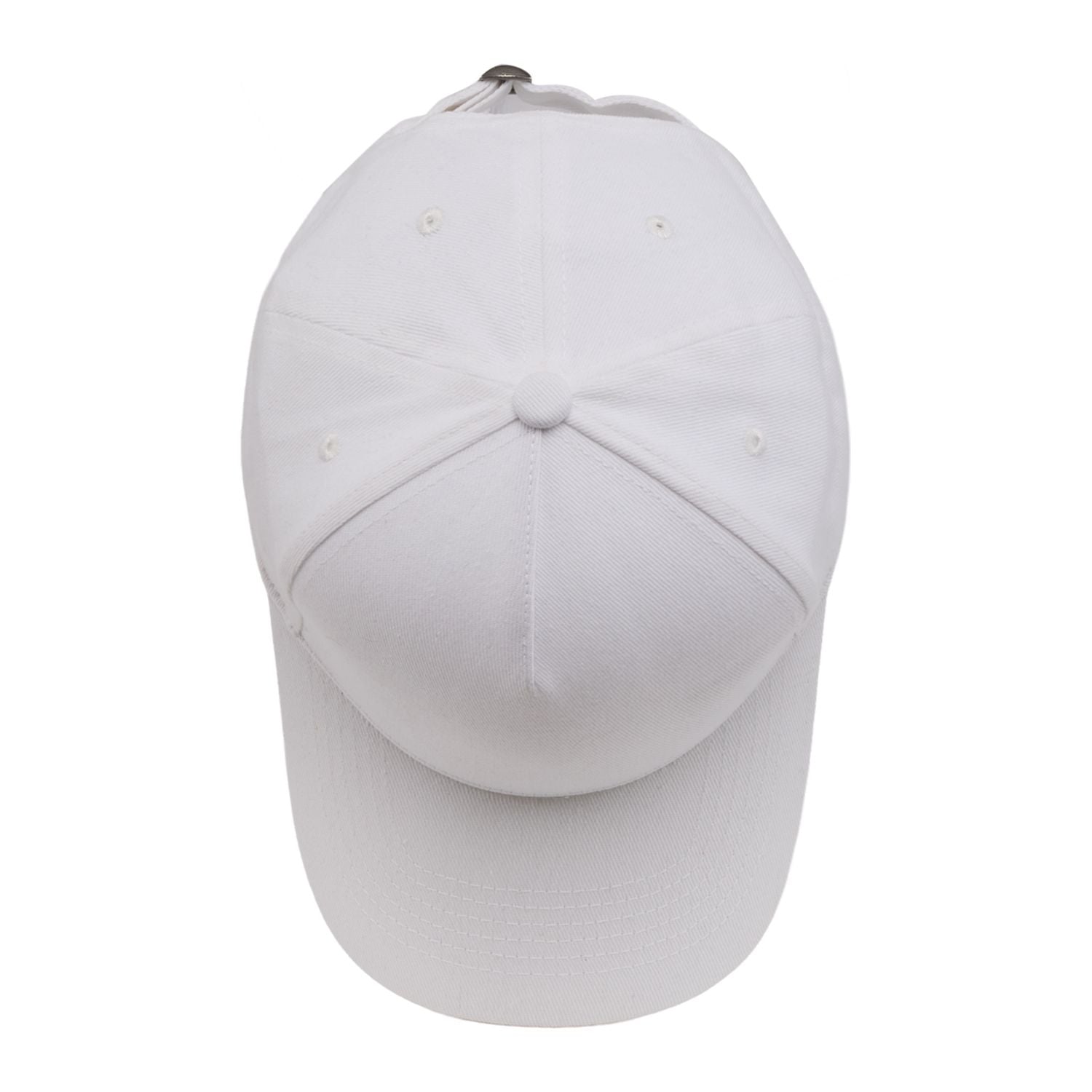 White Recycled Cotton Twill 5 Panel Ballcap shown from above