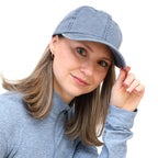 Vintage Navy Recycled Cotton Washed 6 Panel Ballcap shown on  person