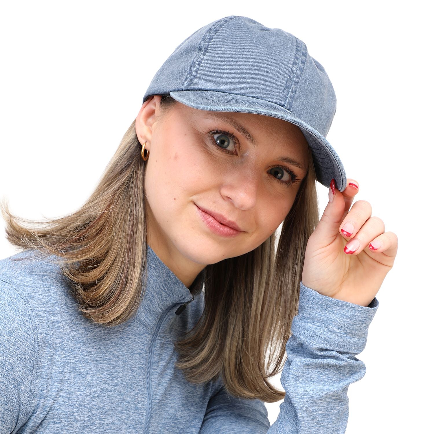 Vintage Navy Recycled Cotton Washed 6 Panel Ballcap shown on  person