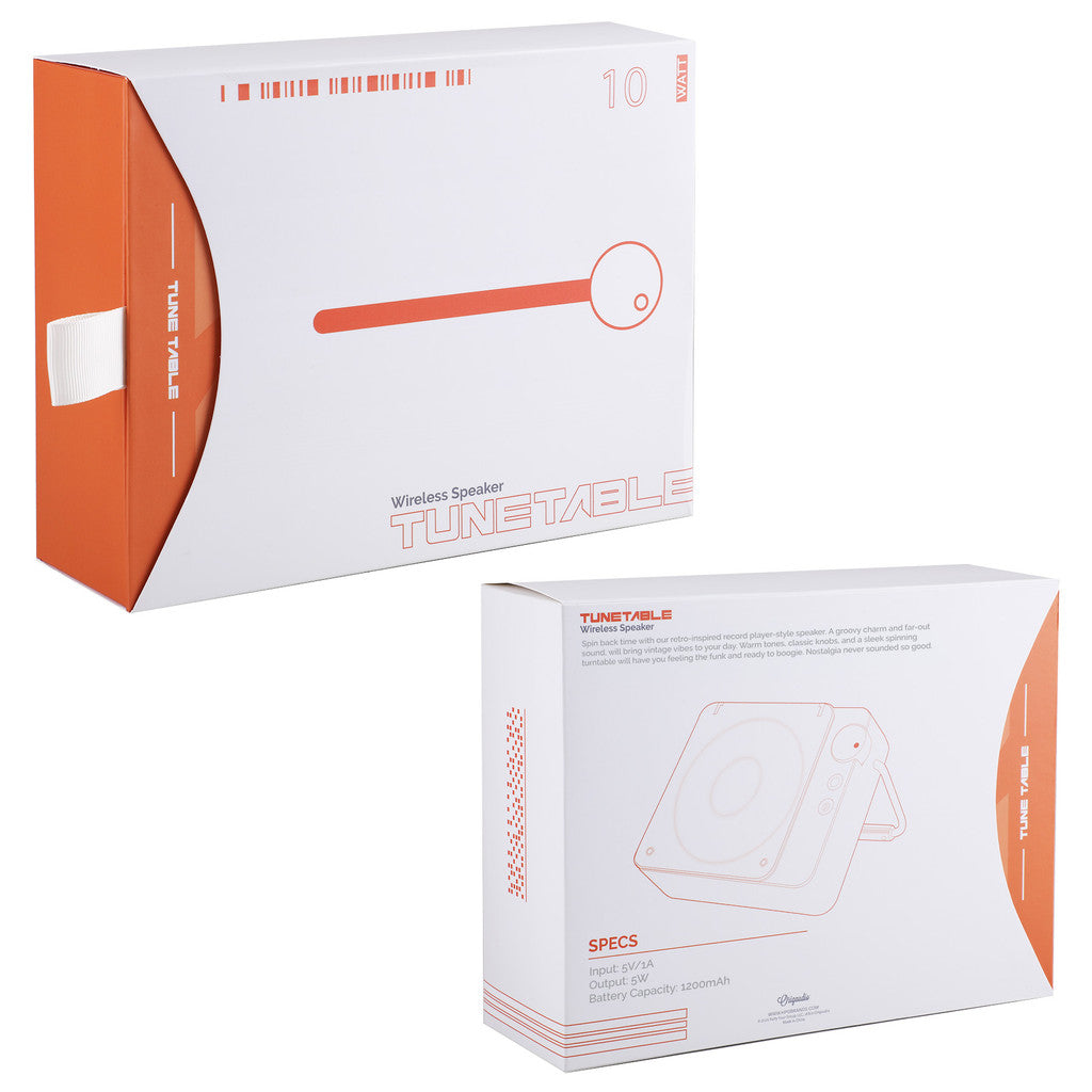 Tunetable wireless speaker packaging on a white background