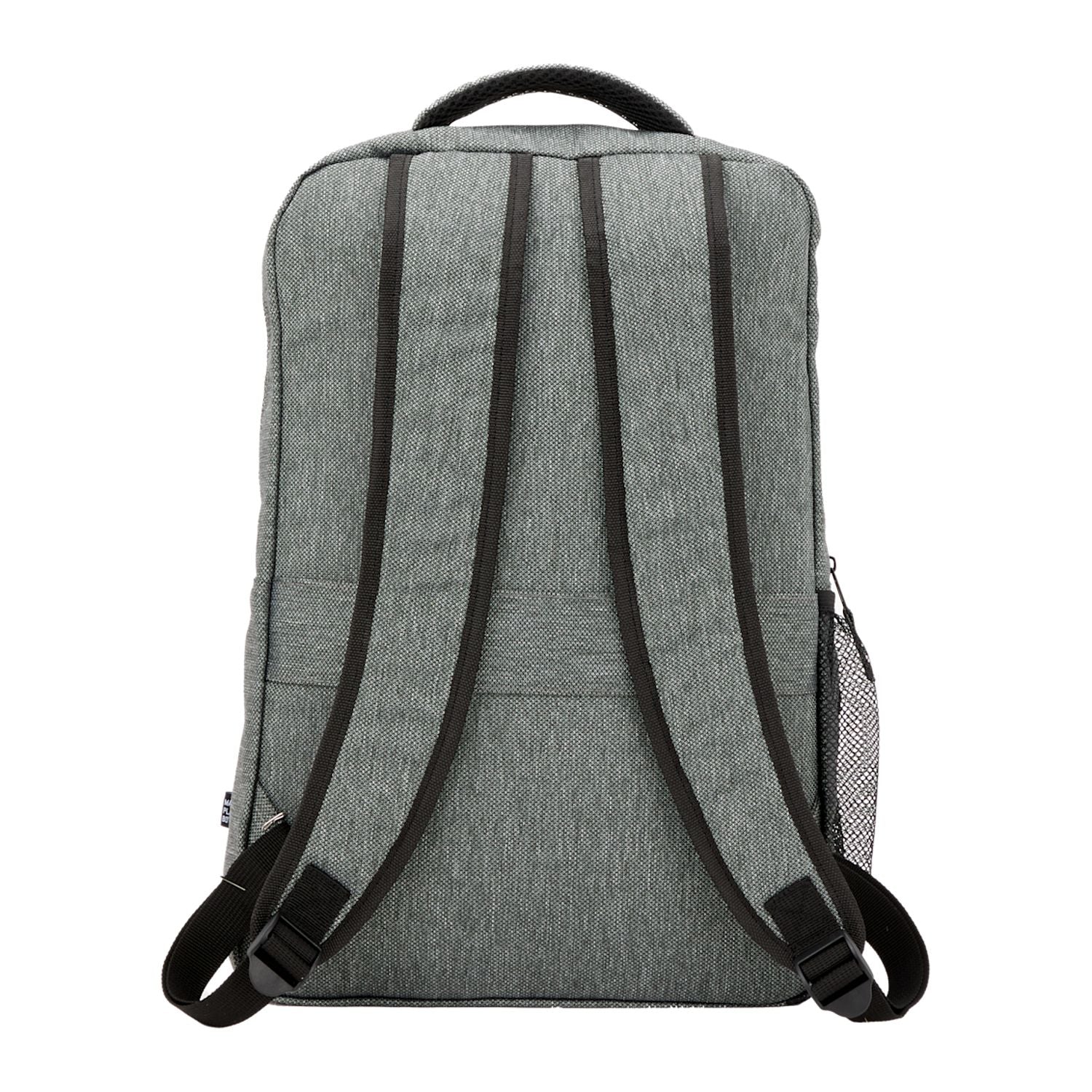 Gray backpack with black straps on a white background
