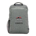 Gray backpack with 'Great Divide Climbing Gym' logo on a white background