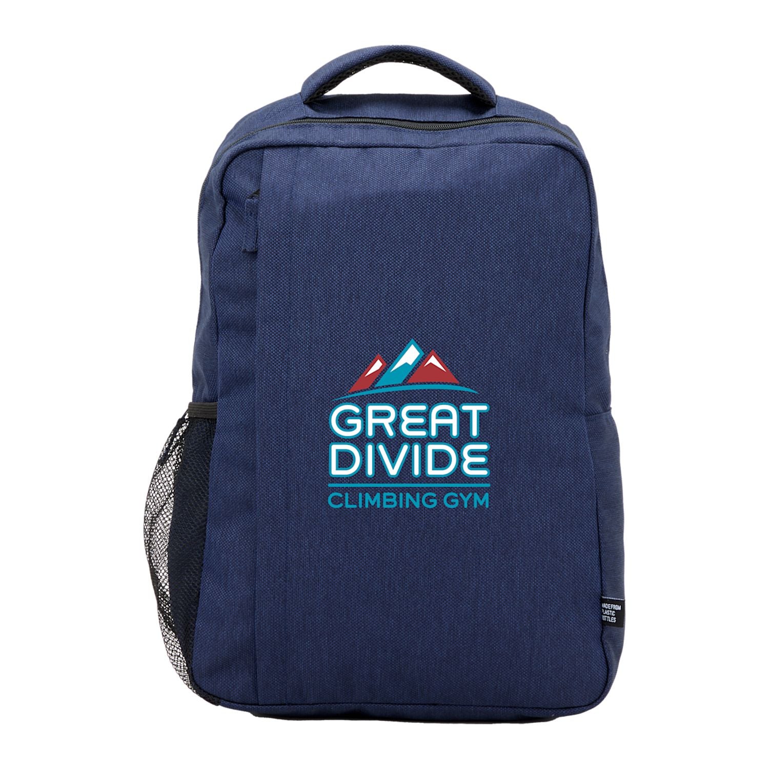 Navy blue backpack with 'Great Divide Climbing Gym' logo on a white background