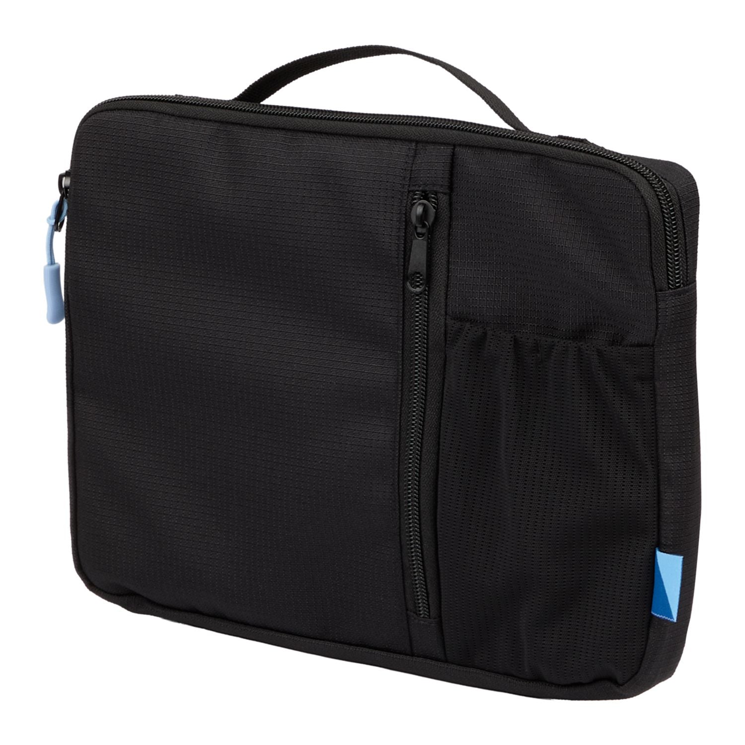 Black carrying case with blue tags on a white background