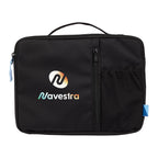 Black travel bag with a logo on a white background