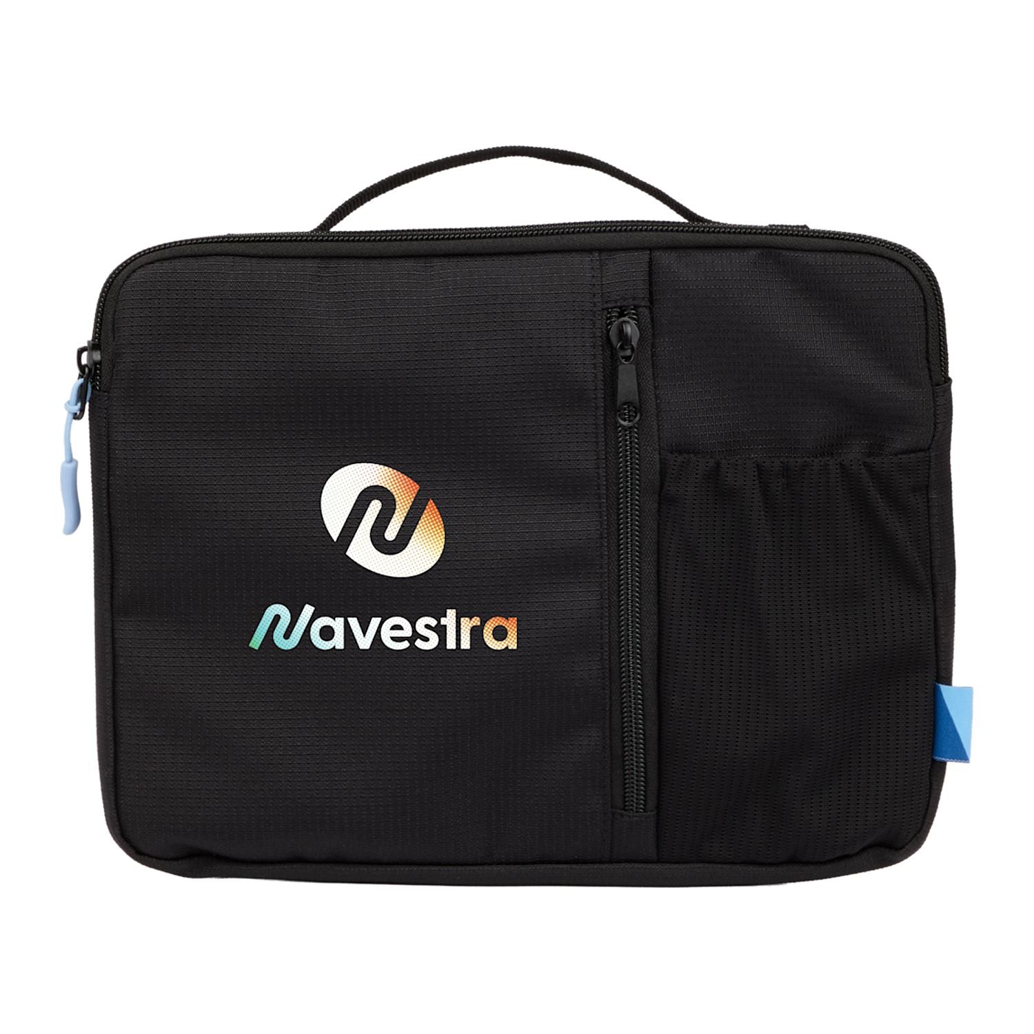 Black travel bag with a logo on a white background