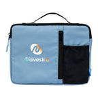 Blue travel bag with a logo on a white background