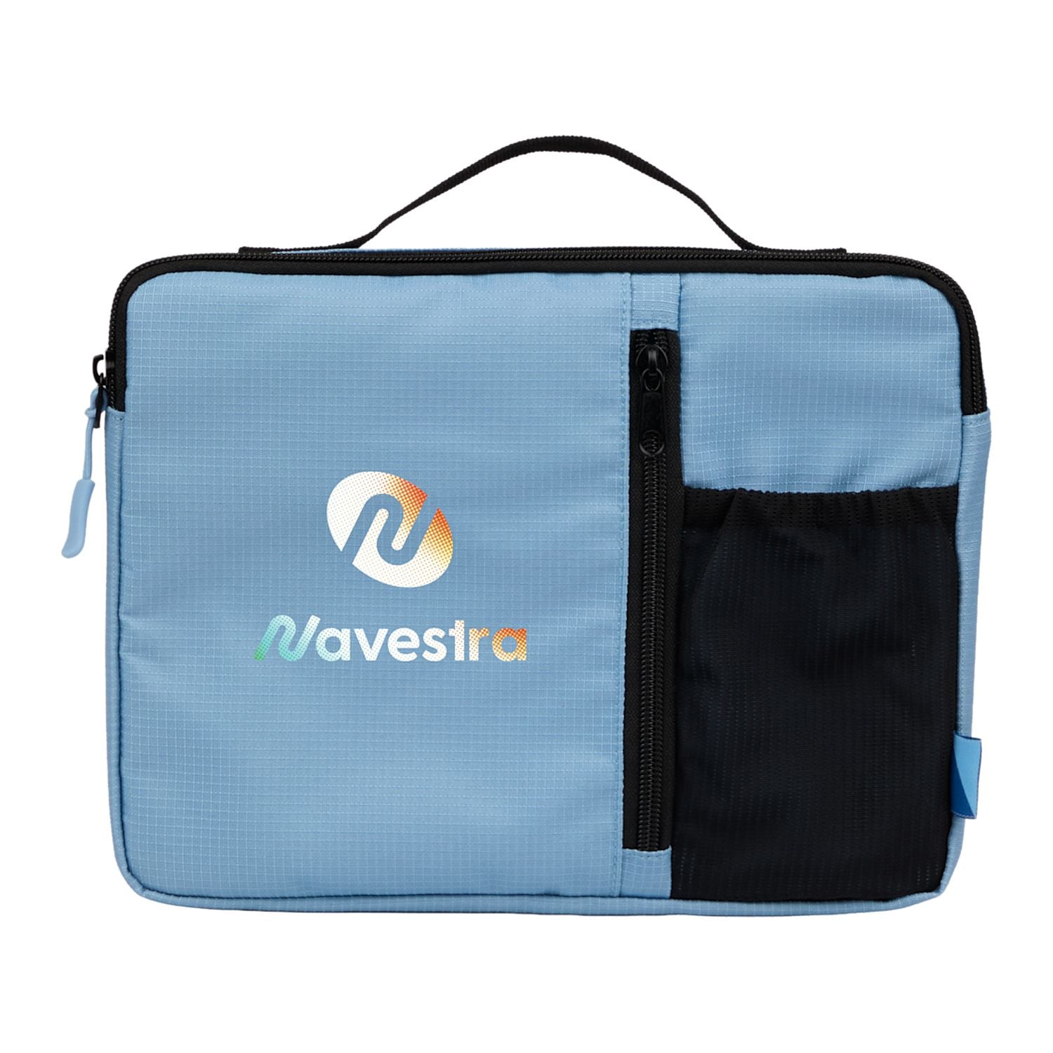 Blue travel bag with a logo on a white background