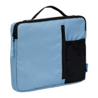 Light blue pouch with black zipper pocket on a white background