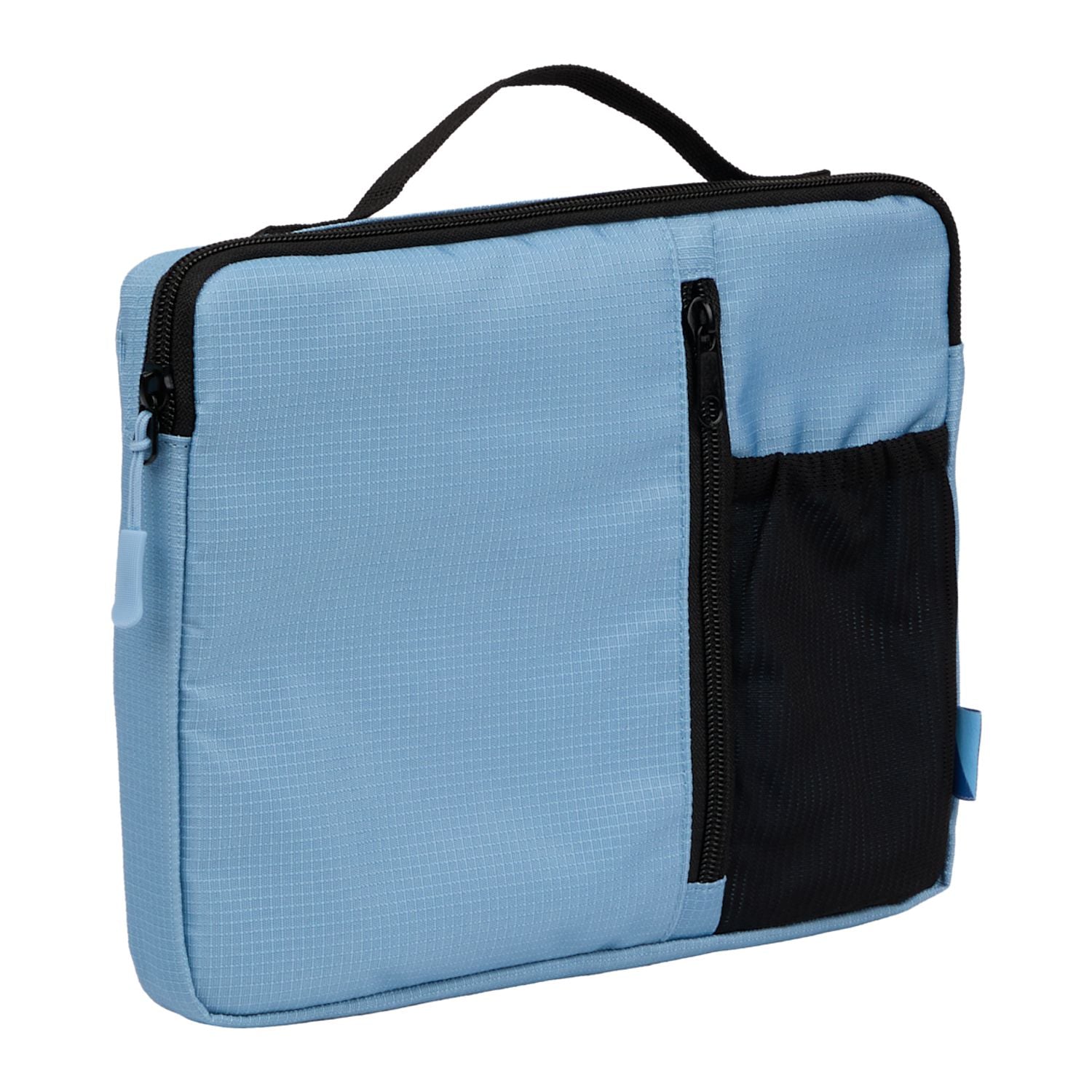Light blue pouch with black zipper pocket on a white background