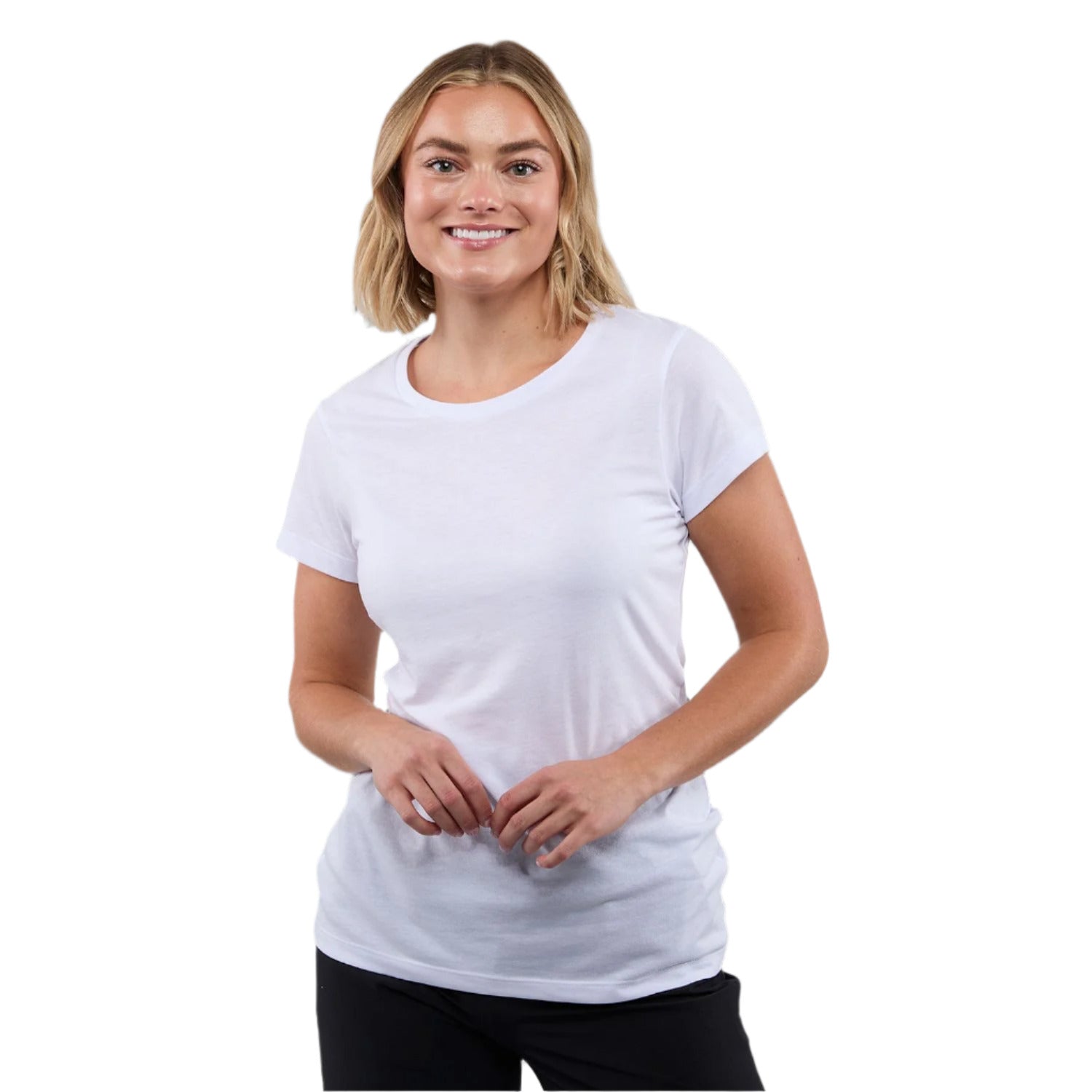 Woman wearing a white t-shirt against a gray background