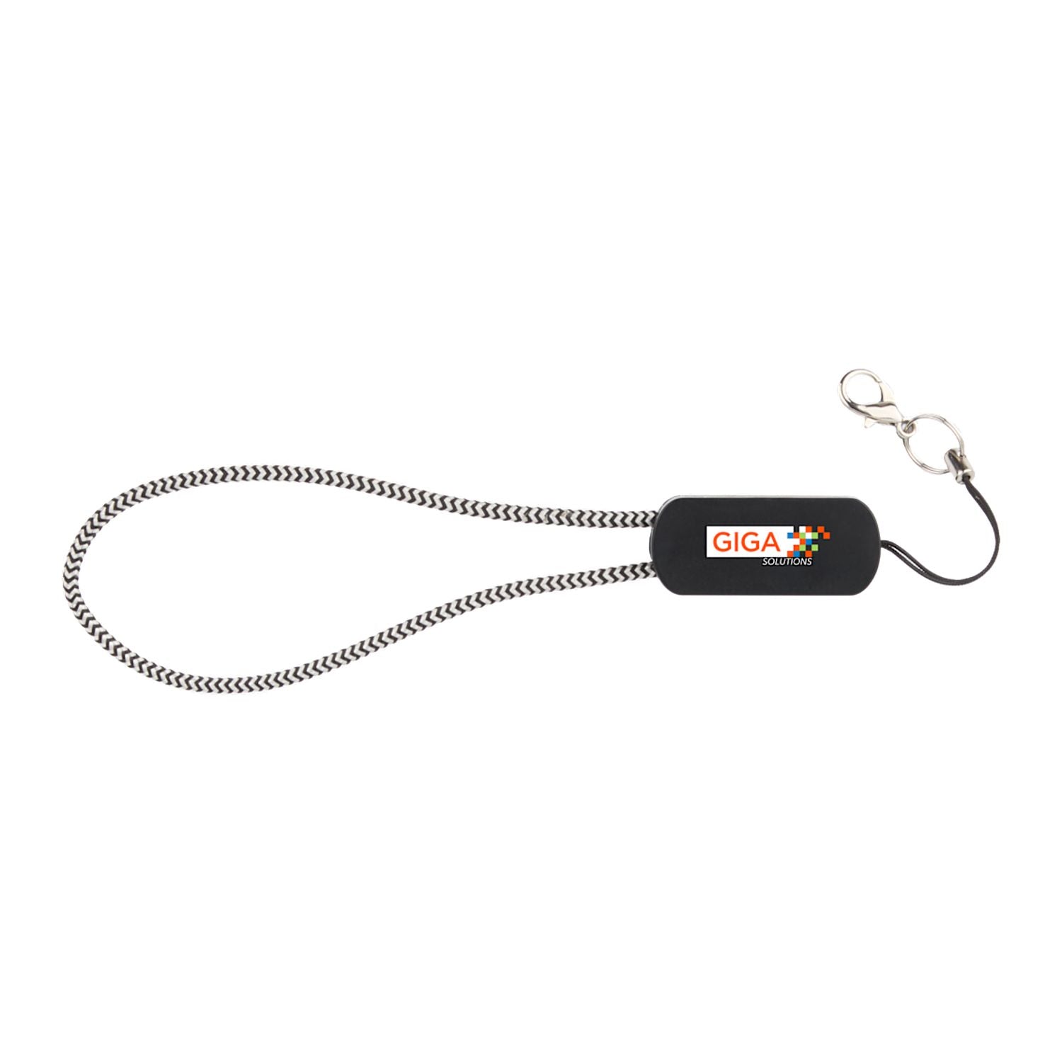 Black lanyard with a logo on a white background