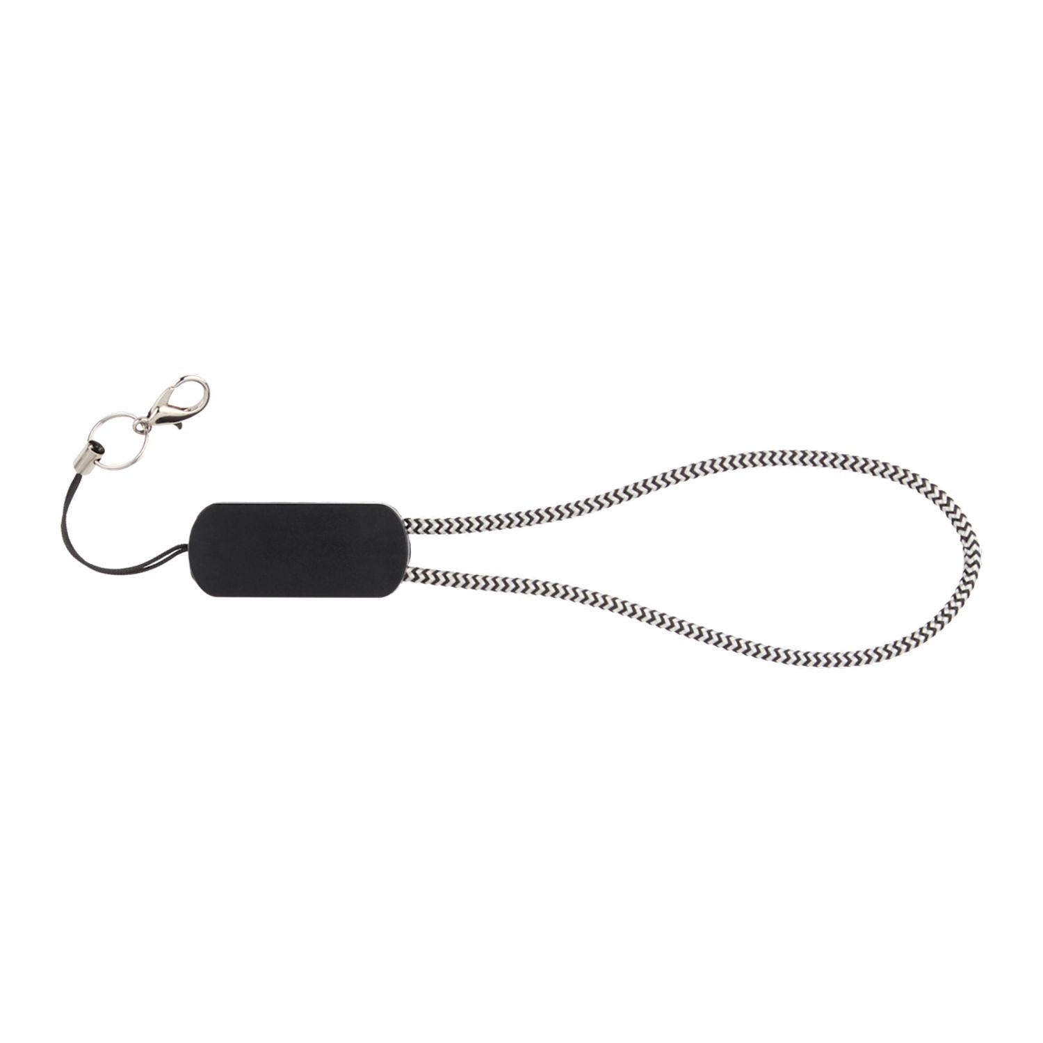Black rectangular device with a chain on a white background