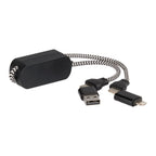 Black charging adapter with USB and micro-USB cables on a white background