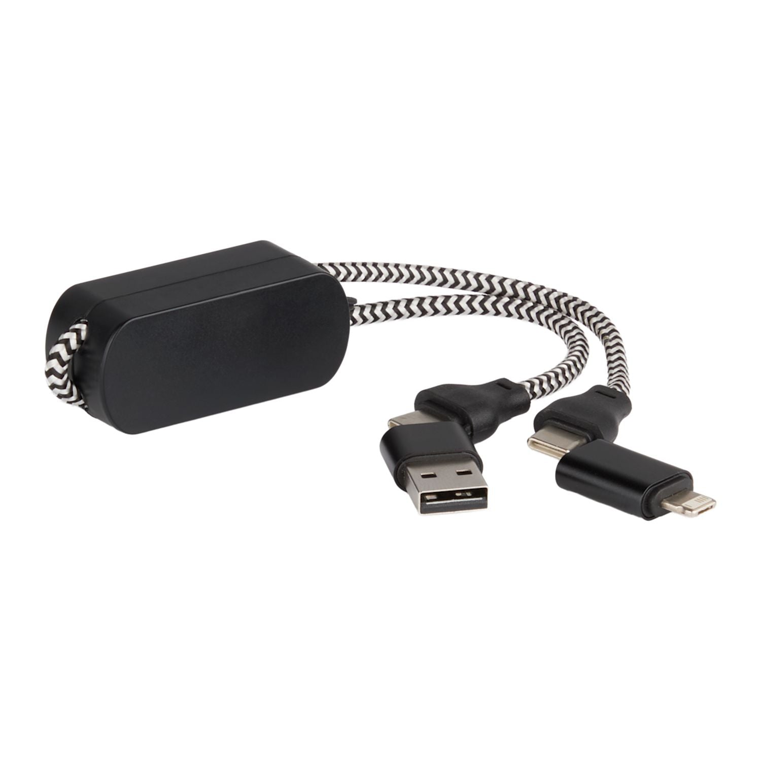 Black charging adapter with USB and micro-USB cables on a white background