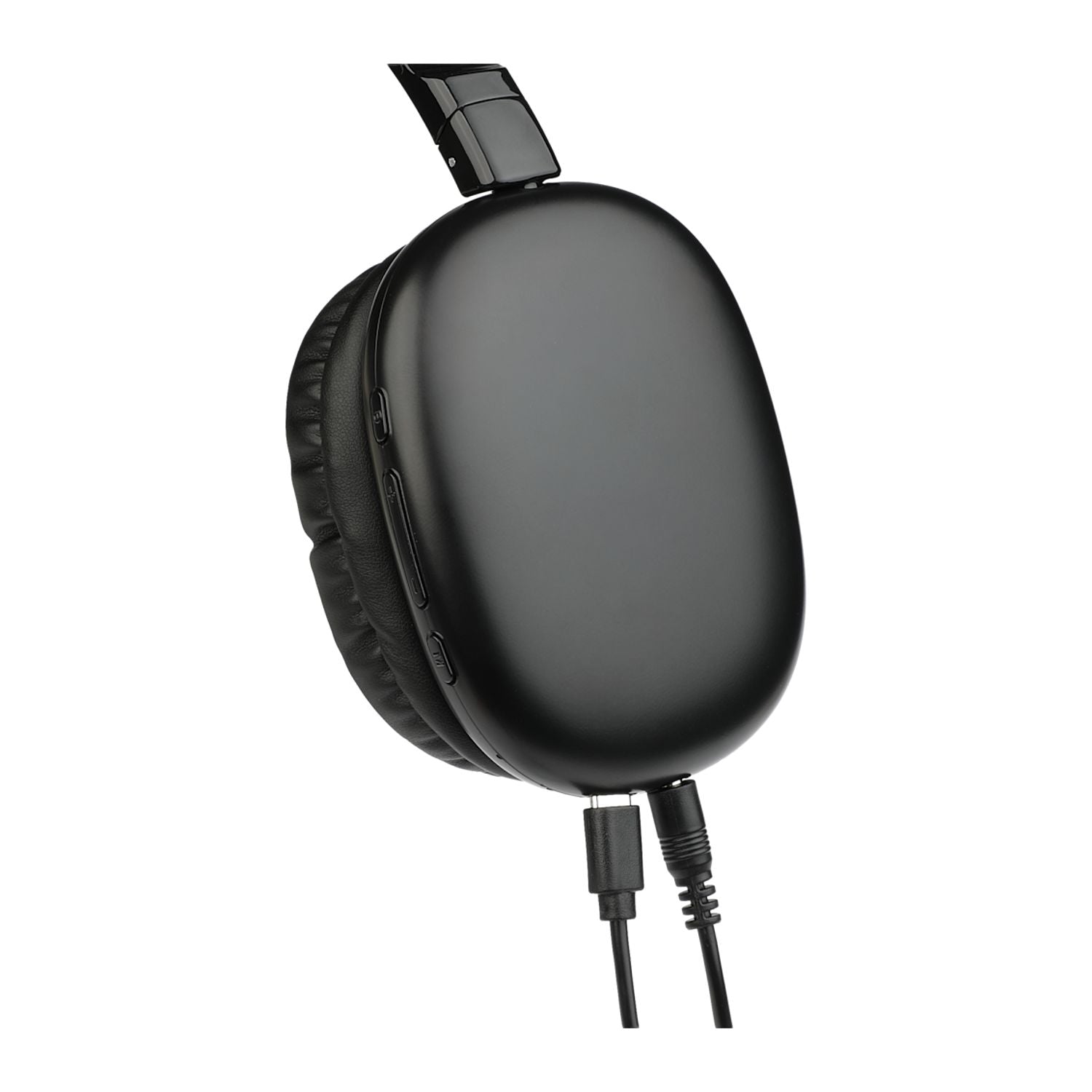 Headphones showing cables plugged in