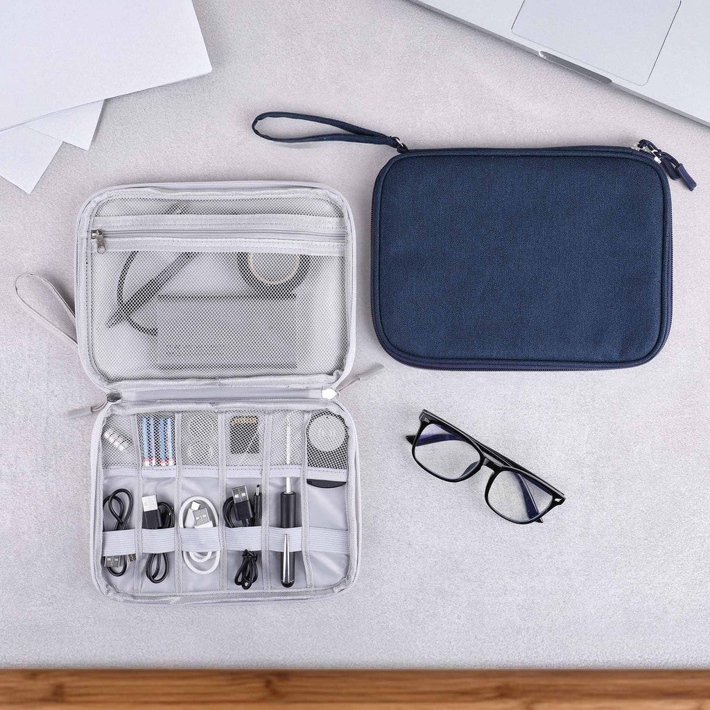 Navy rPET Euro Tech Organizer shown blank with items in their compartments.  Items do not come with product