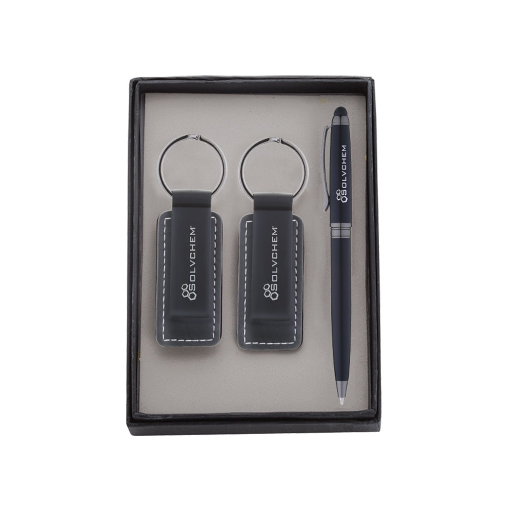 Pen & black leatherette/metal keychain