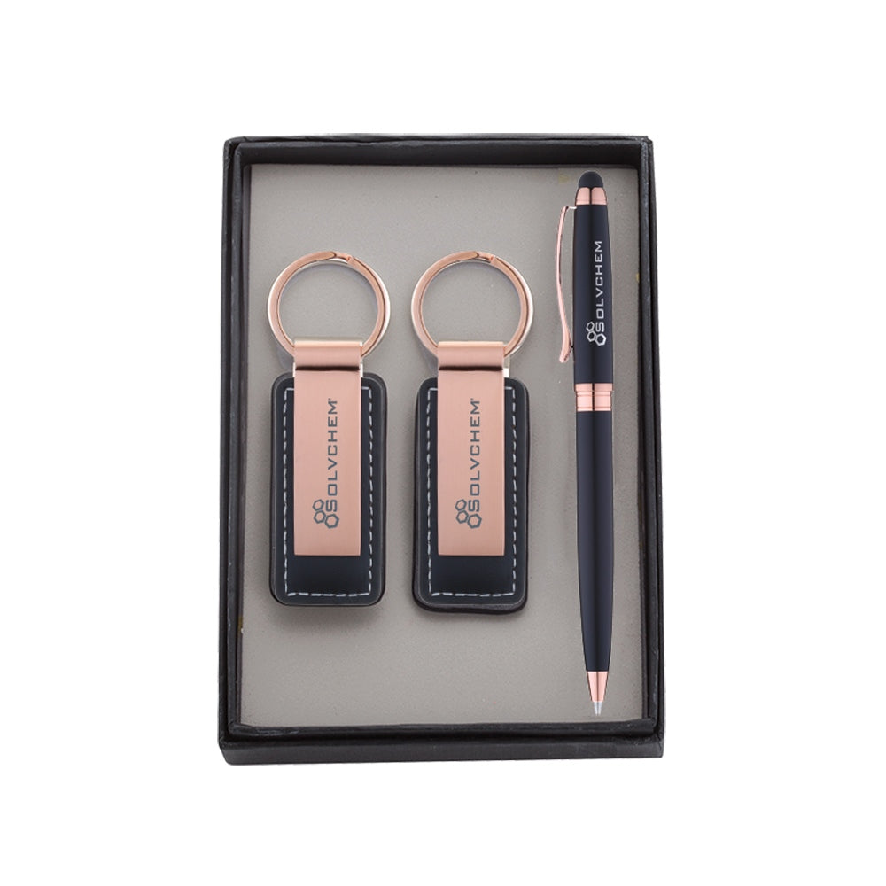 Pen & black leatherette/metal keychain